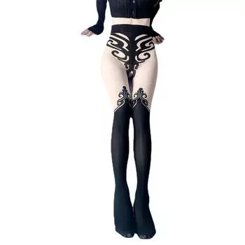 Женское сексуальное нижнее белье шелковые чулки подвязки с принтом колготки с открытой промежностью One size