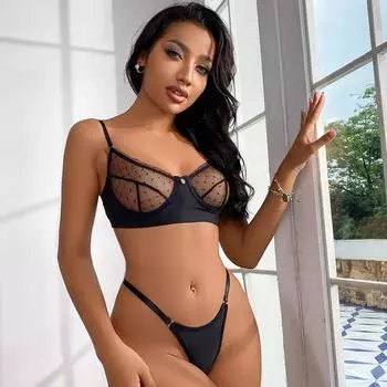 Женское сексуальное нижнее белье, ультратонкий комплект с кружевным бюстгальтером, прозрачное беспроводное нижнее белье, эротическое сетчатое нижнее белье с эффектом пуш-ап, интимные комплекты трусиков без косточек M чёрный