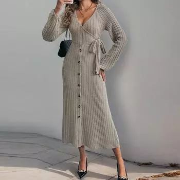 Женское сексуальное облегающее длинное трикотажное платье с высокой талией и V-образным вырезом, элегантное однотонное мини-свитер на пуговицах со шнуровкой S хаки
