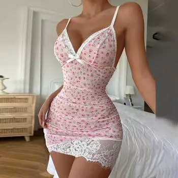 Женское сексуальное облегающее мини-кружевное нижнее белье, женская пижама с цветочным принтом, ночная рубашка S розовый