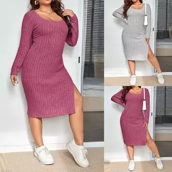 Женское сексуальное облегающее однотонное платье миди с длинным рукавом, женские повседневные вечерние платья с разрезом