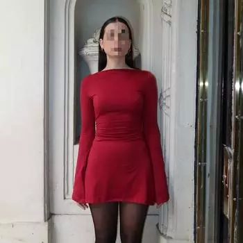 Женское сексуальное облегающее платье с круглым вырезом и длинными рукавами в европейском и американском стиле на шнуровке S чёрный