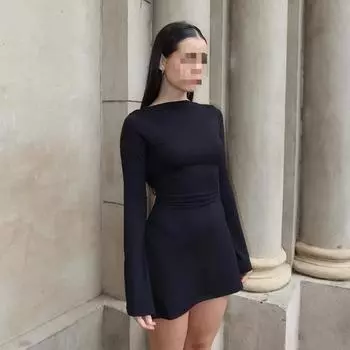 Женское сексуальное облегающее платье с круглым вырезом и длинными рукавами в европейском и американском стиле на шнуровке S чёрный