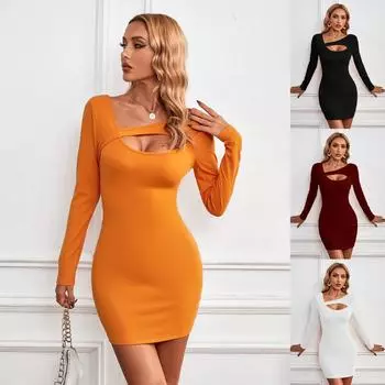 Женское сексуальное облегающее платье с U-образным вырезом и длинными рукавами, модное повседневное нестандартное мини-платье, мягкие однотонные платья S оранжевый