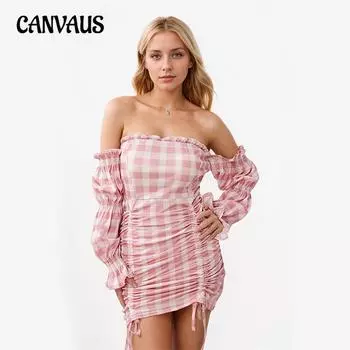 Женское сексуальное облегающее платье с клетчатым принтом и завязками на бедрах M розовый