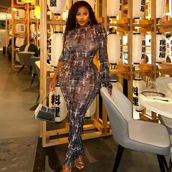 Женское сексуальное обтягивающее платье с круглым вырезом и длинным рукавом сзади S серый