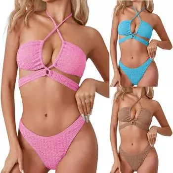 Женское сексуальное однотонное бикини с разрезом, модное с подкладкой для бюстгальтера, без стального бюстгальтера, купальник L синий