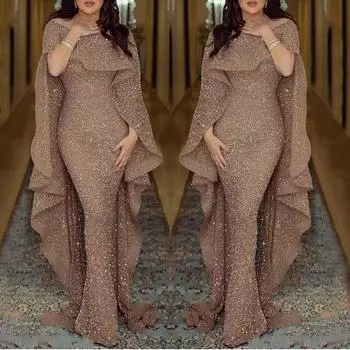 Женское сексуальное однотонное длинное пышное платье с короткими рукавами и пайетками с плащом S хаки