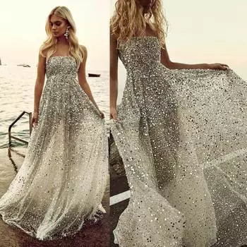 Женское сексуальное однотонное длинное пышное платье без рукавов с блестками и открытой спиной жёлтый