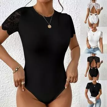 Женское сексуальное однотонное кружевное тонкое боди с короткими рукавами и пуговицами в рубчик L чёрный