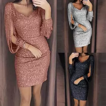 Женское сексуальное однотонное мини-платье с блестками и блестками с длинными рукавами L хаки