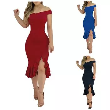 Женское сексуальное однотонное платье миди с открытыми плечами и открытой спиной с разрезом на молнии сзади, праздничное платье, коктейльные платья L чёрный