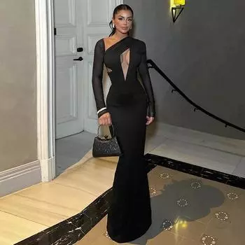 Женское сексуальное однотонное платье с большим открытыми плечами и длинными рукавами, платье миди S чёрный