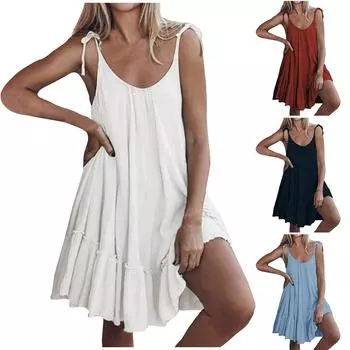 Женское сексуальное однотонное пляжное длинное большое свободное платье без рукавов на подтяжках L чёрный