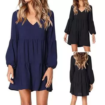 Женское сексуальное однотонное свободное платье с v-образным вырезом и длинным рукавом, модное платье с рукавами