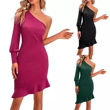 Женское сексуальное однотонное тонкое платье с баской на одно плечо S чёрный