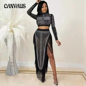 Женское сексуальное открытое длинное платье из прозрачной сетки с длинными рукавами для ночного клуба, комплект из двух предметов S чёрный