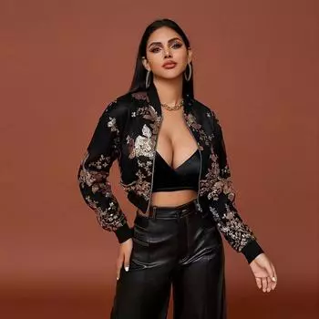 Женское сексуальное пальто с вышивкой и блестками, короткая утягивающая куртка с длинными рукавами