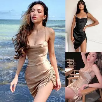 Женское сексуальное платье-бандо с разрезом сзади и подтяжками, женское платье-жилет с бретельками для коктейльных вечеринок и клубных платьев S чёрный