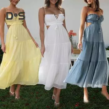 Женское сексуальное платье-бандо с длинными бретельками, со шнуровкой на спине, с глубоким вырезом, платье миди со струящимся подолом и бретельками-спагетти, взрослое платье M светло-желтого