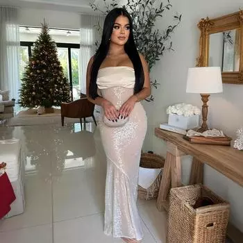 Женское сексуальное платье без бретелек с пайетками в стиле пэчворк «рыбий хвост» S белый