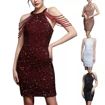 Женское сексуальное платье без рукавов с блестками и круглым вырезом, вечерние юбки с темпераментом для самостоятельного развития