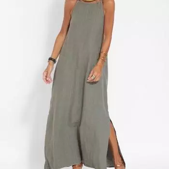 Женское сексуальное платье без рукавов с воротником-халтер, повседневное, из хлопка и льна, с разрезом, на тонких бретельках, длинное макси-платье S белый