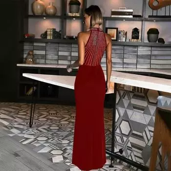 Женское сексуальное платье без рукавов с разрезом, длинное вечернее платье с бриллиантами S красный