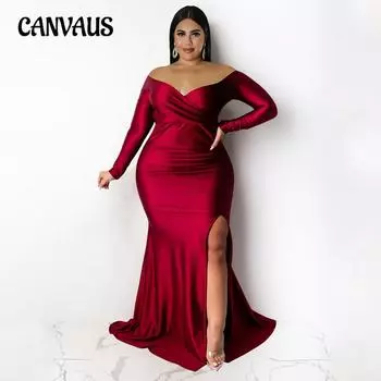 Женское сексуальное платье больших размеров, вечернее платье с V-образным вырезом для ночного клуба, длинное платье с разрезом L красный