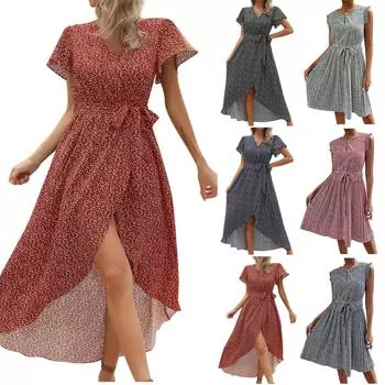 Женское сексуальное платье для отпуска с v-образным вырезом на талии и завязанными рукавами в форме листьев XL темно-синий