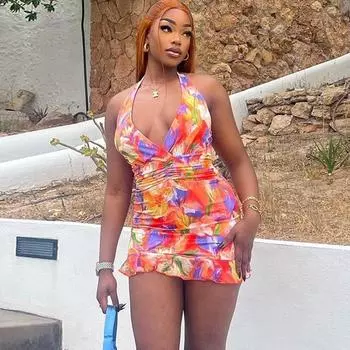 Женское сексуальное платье-халтер с принтом, платье без рукавов с оборками, плиссированное платье-халтер с закрытой головой и ягодицами S оранжевый