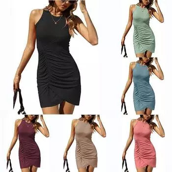Женское сексуальное платье-карандаш с круглым вырезом без рукавов, однотонное плиссированное мини-платье, вечернее клубное платье S чёрный