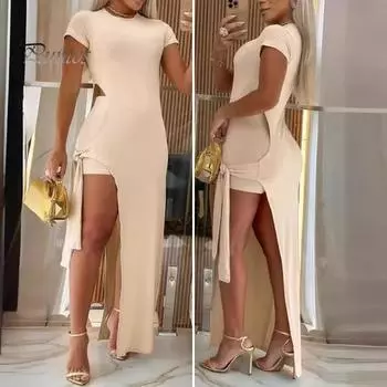 Женское сексуальное платье макси, комплект с коротким рукавом, круглым вырезом, боковым разрезом, облегающее платье с коротким летним костюмом для вечеринок, повседневных клубов M светло-зеленый