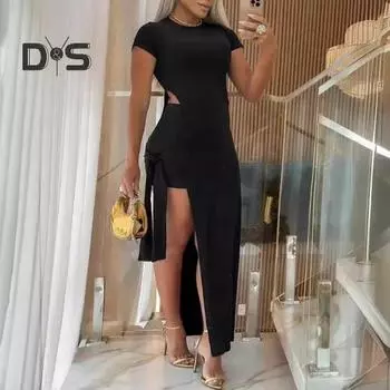 Женское сексуальное платье макси, комплект с коротким рукавом, круглым вырезом, боковым разрезом, облегающее платье с коротким летним костюмом для вечеринок, повседневных клубов S армия зеленый