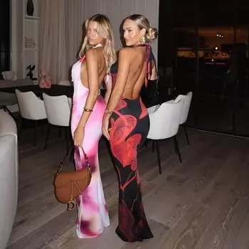 Женское сексуальное платье-макси с открытыми плечами и воротником-стойкой, элегантные наряды для пляжного отдыха, летние платья с цветочным принтом, вечерние выпускные платья S розовый