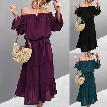 Женское сексуальное платье миди с открытыми плечами на шнуровке и длинными рукавами L чёрный