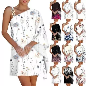 Женское сексуальное платье миди с открытыми плечами и одним бретелем, с наклонным плечом и принтом L бежевый