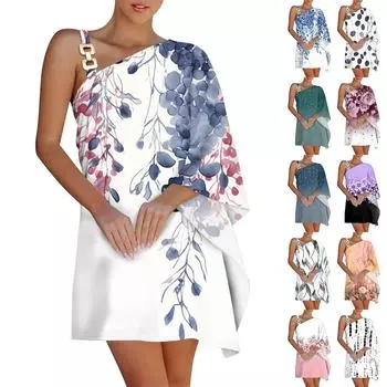 Женское сексуальное платье миди с открытыми плечами и одним бретелем, с наклонным плечом и принтом L синий