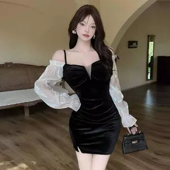 Женское сексуальное платье MM из золотистого бархата контрастного цвета с открытыми плечами и подтяжками S чёрный