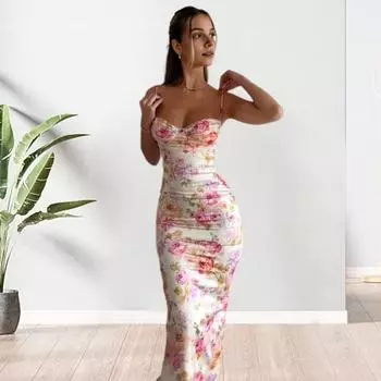 Женское сексуальное платье на бретельках в стиле подтяжек, длинное платье без рукавов с цветочным принтом и открытой спиной, вечерние на бедрах S розовый