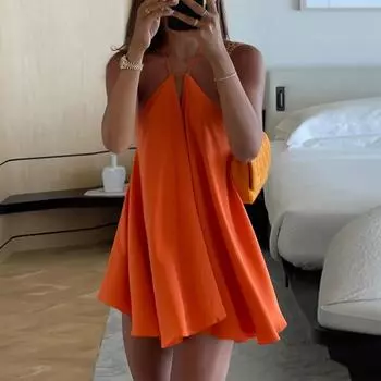 Женское сексуальное платье на бретелях с глубоким V-образным вырезом, свободное А-силуэтное платье-юбка для вечеринки, ужина S оранжевый