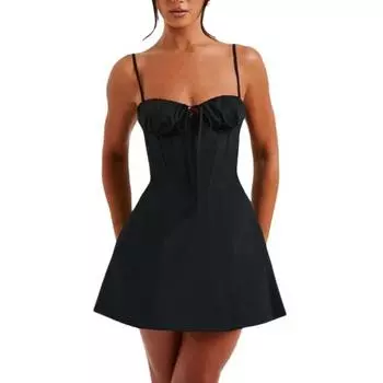 Женское сексуальное платье на бретелях, без рукавов, с открытой спиной, коктейльное платье, однотонное, на шнуровке, на бретелях, выше колена S чёрный