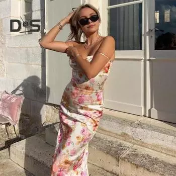 Женское сексуальное платье на бретелях, длинное платье без рукавов в стиле подтяжек, вечернее платье с цветочным принтом и открытой спиной, на бедрах S розовый