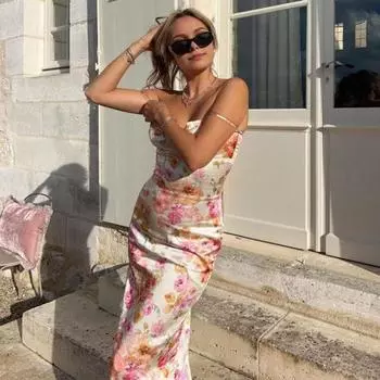 Женское сексуальное платье на бретелях, длинное платье без рукавов в стиле подтяжек, вечернее платье с цветочным принтом и открытой спиной, на бедрах S розовый