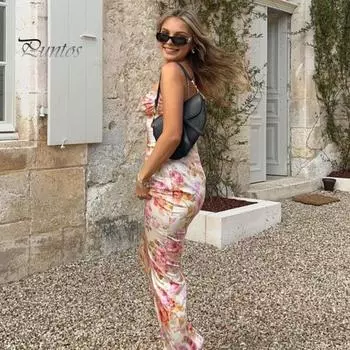Женское сексуальное платье на бретелях, длинное платье без рукавов в стиле подтяжек, вечернее платье с цветочным принтом и открытой спиной, на бедрах S розовый