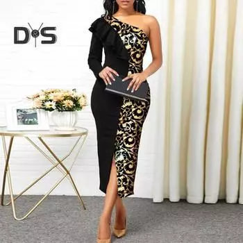 Женское сексуальное платье на одно плечо с длинным рукавом, платье в стиле пэчворк, цветное платье с разрезом подол, облегающее платье до середины икры, вечернее вечернее платье 2XL чёрный