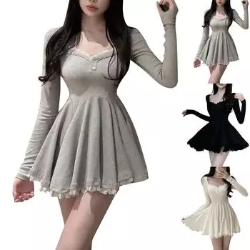 Женское сексуальное платье принцессы с кружевным краем и длинными рукавами на талии L чёрный