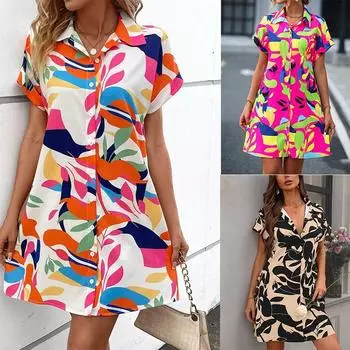 Женское сексуальное платье-рубашка, летняя мода, кардиган с ярким цветочным принтом, рубашка-юбка с короткими рукавами и юбкой Y2K, сорочка Femme L розы красного