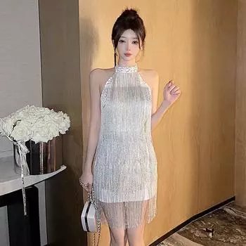 Женское сексуальное платье с блестками и кисточками на спине с открытой горловиной S