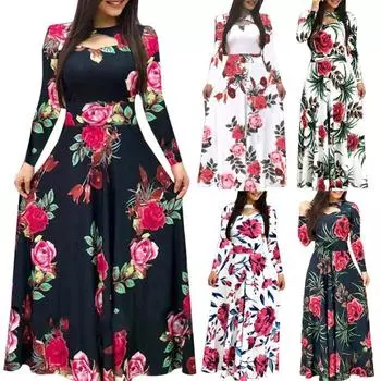 Женское сексуальное платье с длинным рукавом и цветочным принтом, обтягивающее, с широкими бретелями, в полную длину XL